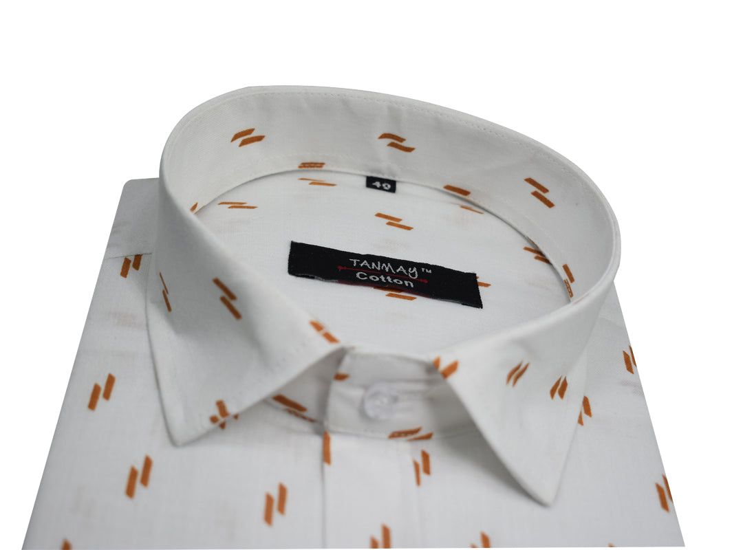 White Golden Double Rectangle Printed Cotton Shirt For Men's