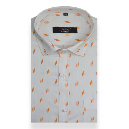 White Orange Double Rectangle Printed Cotton Shirt For Men's