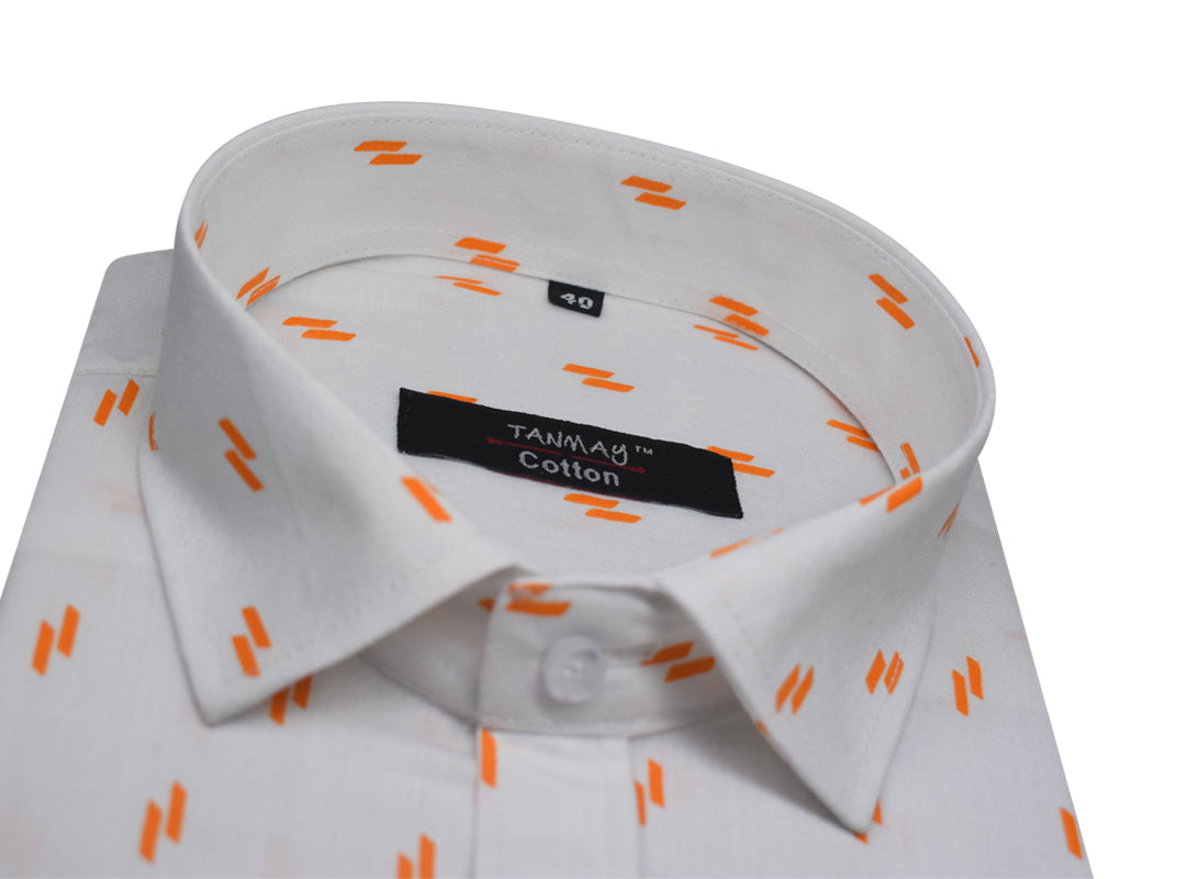 White Orange Double Rectangle Printed Cotton Shirt For Men's