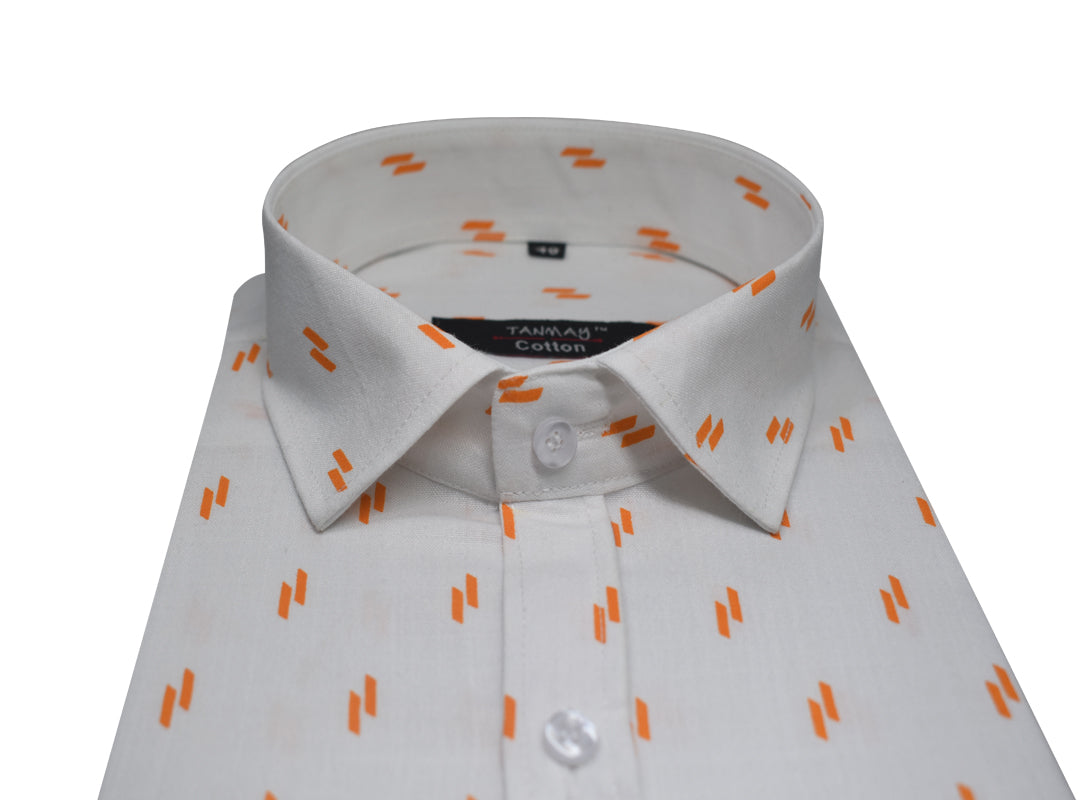 White Orange Double Rectangle Printed Cotton Shirt For Men's