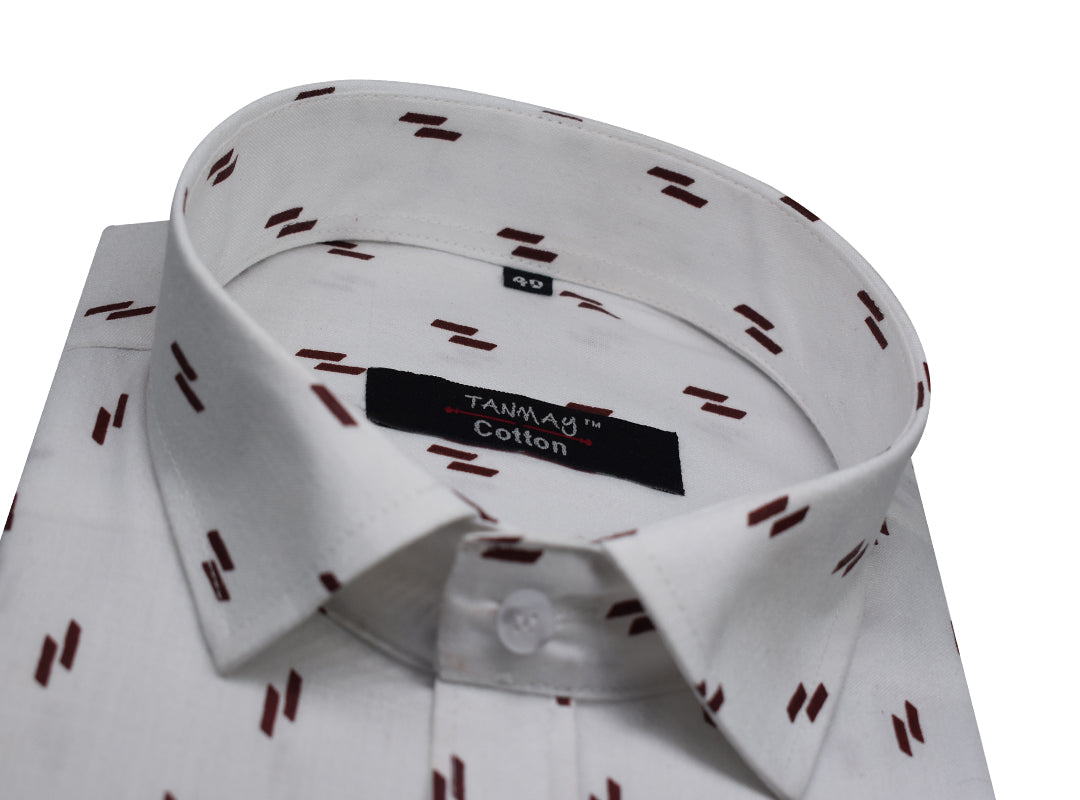 White Brown Double Rectangle Printed Cotton Shirt For Men's