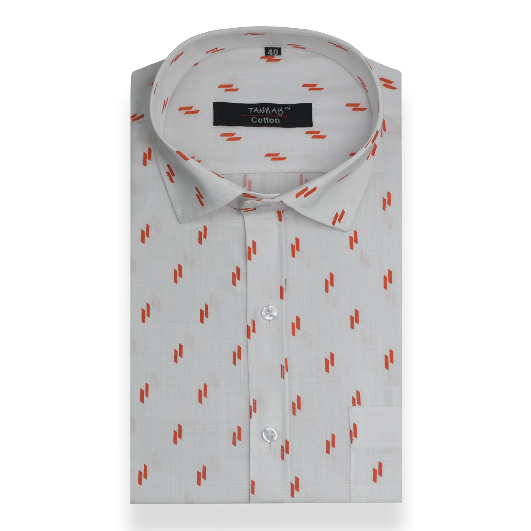 White Dark Orange Double Rectangle Printed Cotton Shirt For Men's