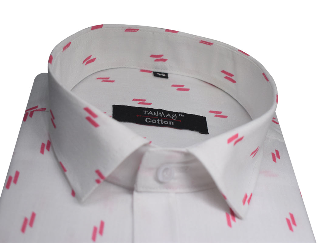 White Pink Double Rectangle Printed Cotton Shirt For Men's