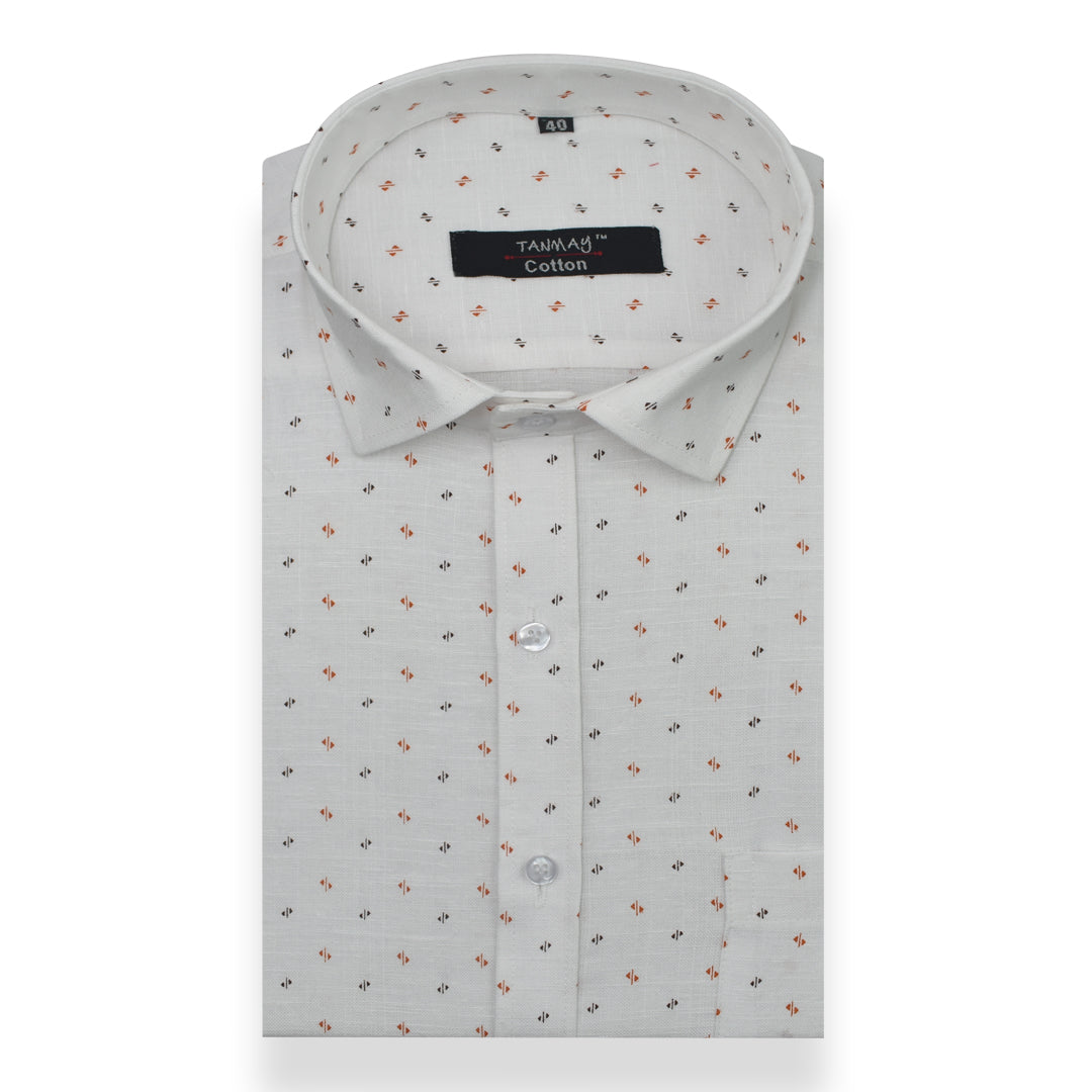 White Orange Triangle Printed Cotton Shirt For Men's